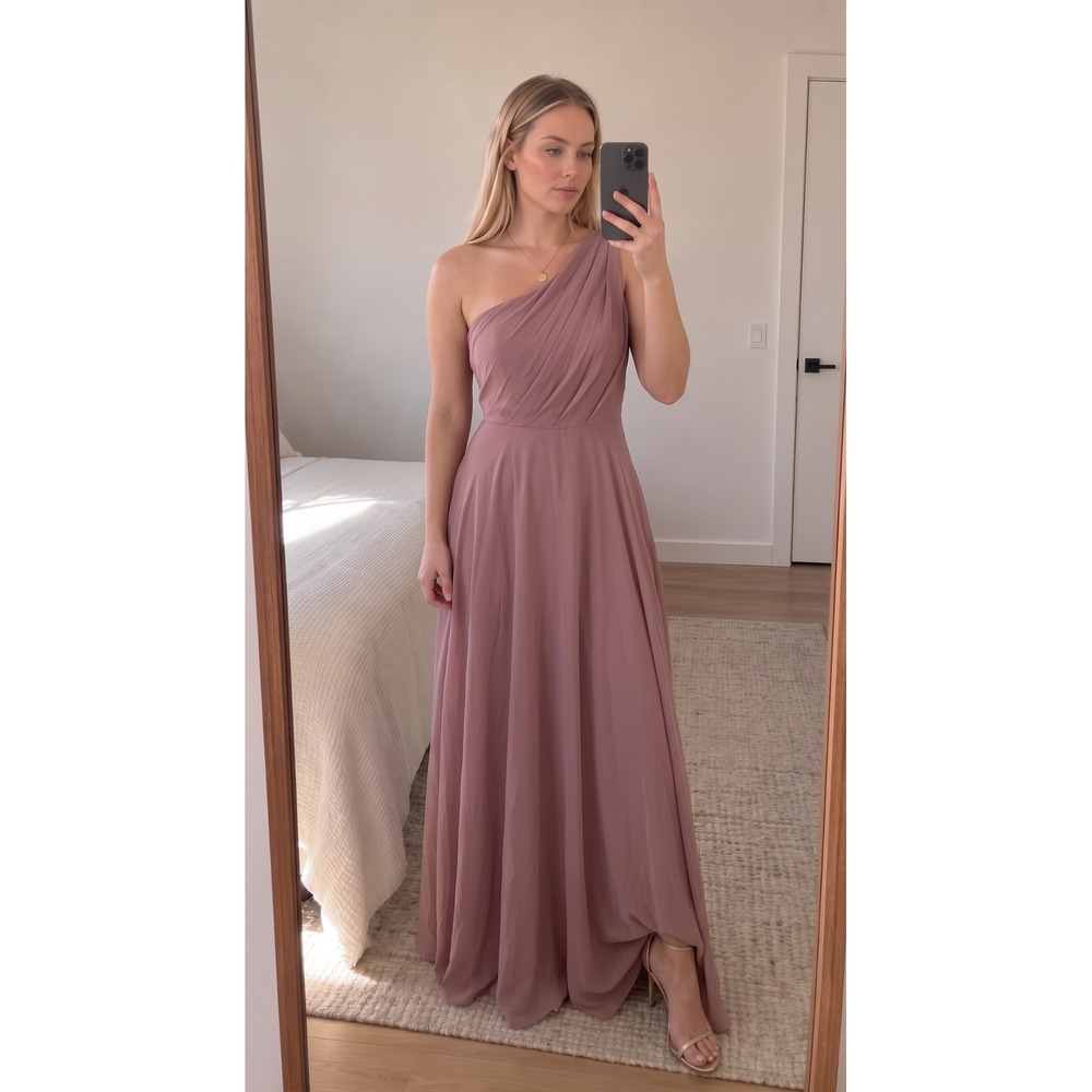 Birdy Grey One Shoulder Maxi Dress L Mauve Chiffon Bridesmaid Formal Romantic